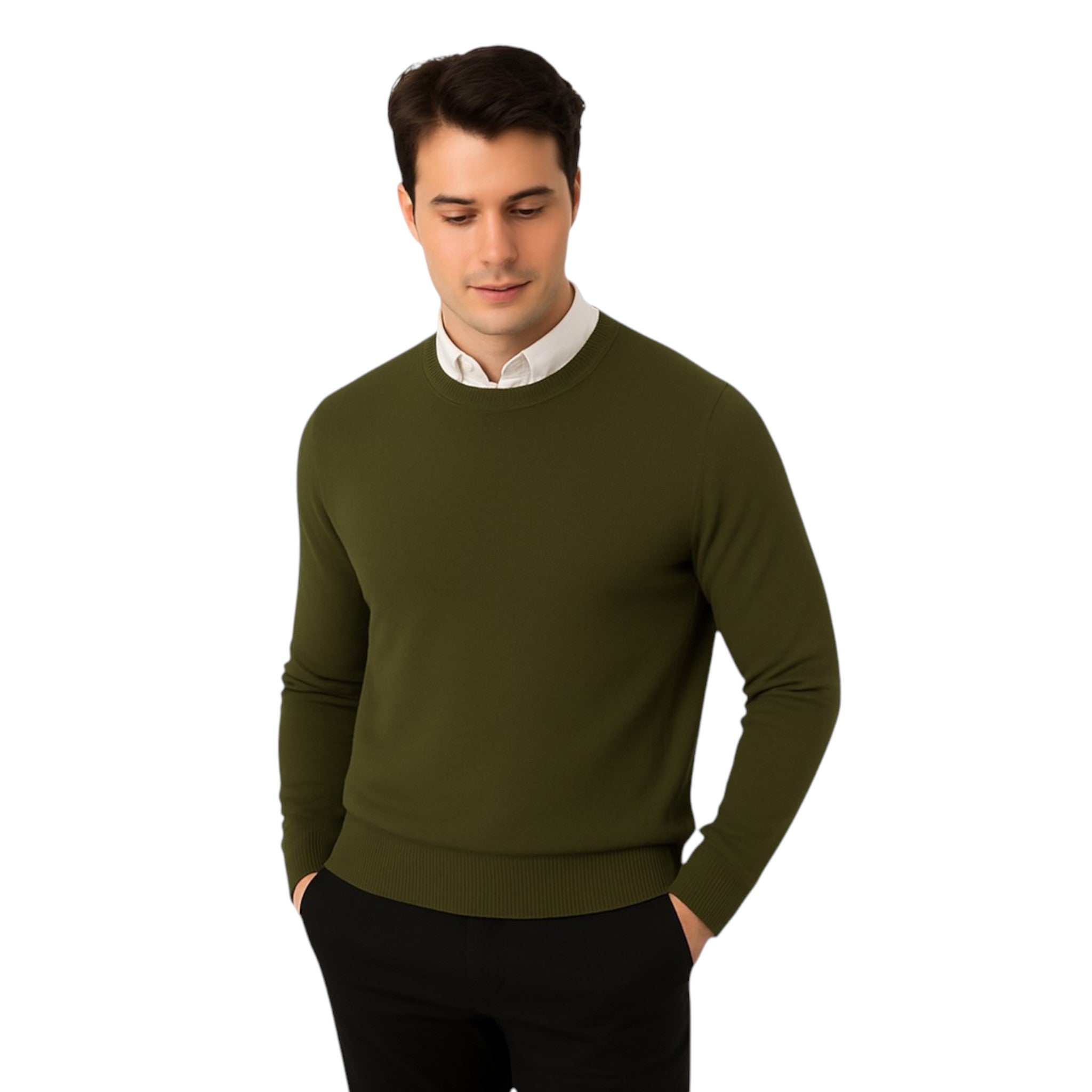 Men’s classic khaki green round neck jumper – soft knit pullover sweater with long sleeves